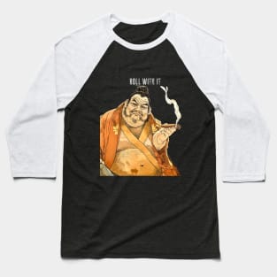 Puff Sumo: Roll With It and Chill on a dark (Knocked Out) background Baseball T-Shirt